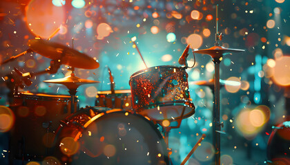 Drum Set on Stage, Ready for a Live Performance Under the Spotlight.  Anticipation of a Concert, with Instruments Poised for Action. Music, Performance, and Entertainment Campaigns