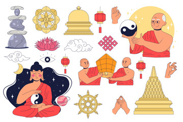 Set of Buddhist philosophy. Dharma wheel, teaching of karma, hands in mudra gestures, celebrations of Buddha's birthday, search for nirvana. Concept of reincarnation, cycle of life, death and rebirth