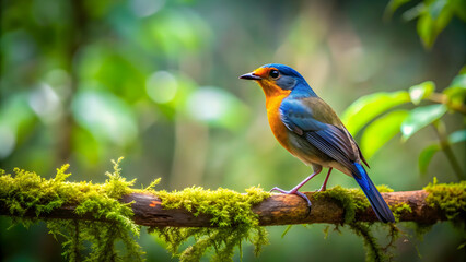 Obraz premium Bird perched on a branch in a lush forest setting, nature, wildlife, birdwatching, trees, outdoors, tranquility