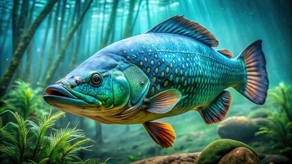 Fototapeta premium The massive freshwater fish boasts striking blue-green scales and boasts elongated, flowing fins that create a mesmerizing underwater spectacle.