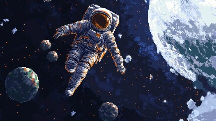 Naklejka premium A Pixelated Astronaut Floating Amidst Stars and Planets in Space