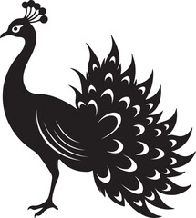 Fototapeta premium Vector art silhouette of a peacock in black against a white background, highlighting its graceful form and feathers