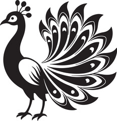 Fototapeta premium Vector art silhouette of a peacock in black against a white background, highlighting its graceful form and feathers