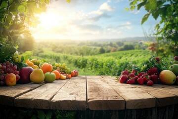 Farm wood nature field fruit table product grass garden background stand green food. Nature wood landscape morning farm outdoor sky podium forest with generative ai