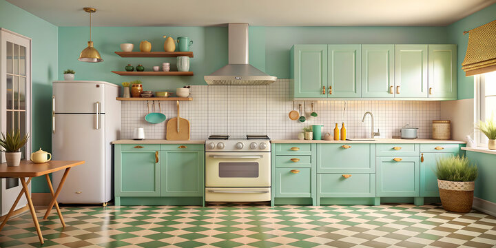 Vintage style kitchen interior with retro appliances and pastel colors, rustic, old-fashioned, nostalgic, farmhouse, classic