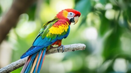 Vibrant Scarlet Macaw Perched on a Branch with Blurred Green Background