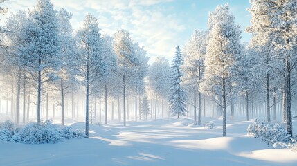 Snow-Covered Pine Forest with a Hazy Sky