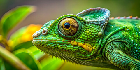 Fototapeta premium Close up of a green colored chameleon blending into its surroundings, chameleon, reptile, camouflage, wildlife, nature, close up