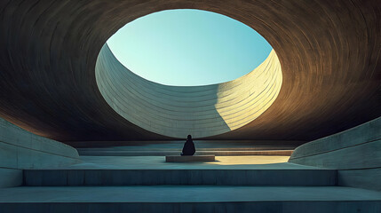 Obraz premium A Solitary Figure Contemplates the Sky Through a Circular Opening in a Concrete Structure, Creating a Striking Contrast Between the Expansive Sky and the Enclosed Space.