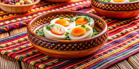 Traditional Ecuadorian Boiled Eggs Served In A Colorful Ceramic Dish On A Woven Mat, Showcasing The Country'S Culinary Heritage.