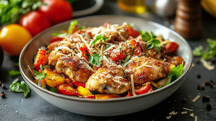 Fototapeta premium Fried chicken with vegetables and spices, grated cheese and breadcrumbs. on the kitchen table
