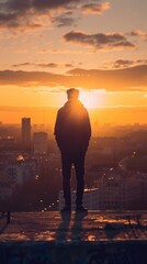 Fototapeta premium Silhouette of Person at Sunrise Overlooking Cityscape - Inspirational and Reflective Urban Morning Scene