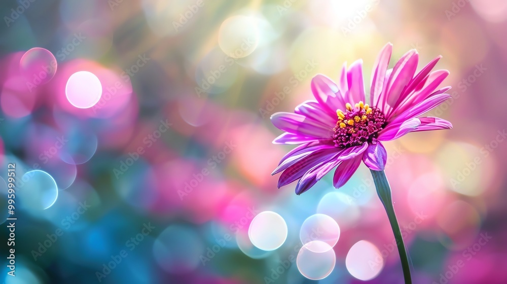 Canvas Prints A pink flower with a blurry background of colorful bokeh.