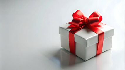 Obraz premium White gift box with red bow on white background, gift, present, surprise, celebration, Christmas, birthday, holiday, festive