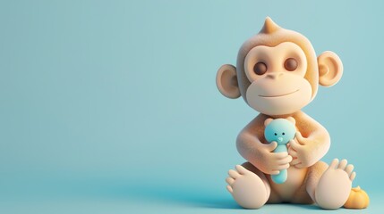 A cute cartoon monkey holding a blue teddy bear on a blue background.