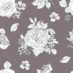 Fototapeta premium Hand drawn pencil graphic illustration seamless pattern of vintage flowers