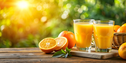 Naklejka premium Glasses of freshly squeezed orange juice on a bright, sunny day, citrus, vibrant, refreshing, drink, summer