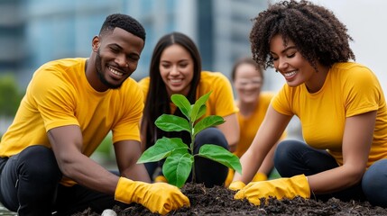 Planting Seeds of Change: A diverse group of volunteers in yellow shirts smiles brightly while planting a sapling, symbolizing hope, growth, and environmental stewardship.  