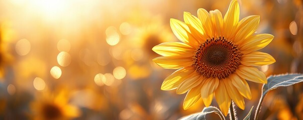 Obraz premium Beautiful sunflower in a field, illuminated by warm sunlight.