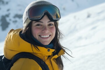A woman wearing a yellow jacket and goggles is smiling.