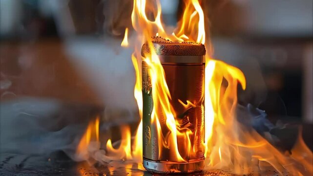 A speaker engulfed in flames, emitting bright orange flames and smoke, set against a blurred background.