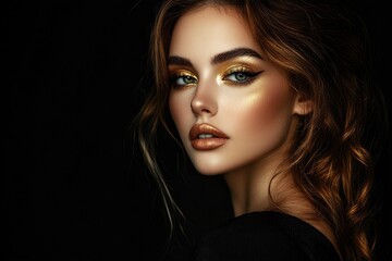 Fototapeta premium Fashion portrait of beautiful woman with golden make-up on dark background with generative ai