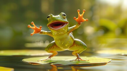 A cartoon frog with a big smile on a lily pad in the water.