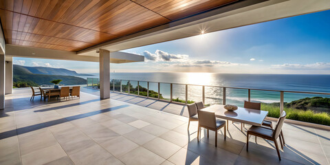 Fototapeta premium House with spacious patio offering stunning ocean view, ocean, house, patio, view, scenery, outdoor, deck, beautiful, luxury