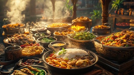 A feast of stories unfolds, vibrant dishes in 3D, eye-level view revealing culinary secrets untold