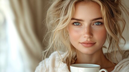 Beautiful Woman with Blue Eyes Enjoying a Cup of Coffee