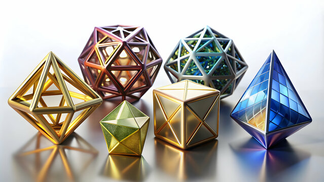 Various isolated Platonic solids including tetrahedron, cube, octahedron, dodecahedron, and icosahedron