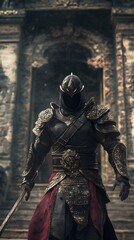 Fototapeta premium 25. A warrior in traditional armor standing guard at the entrance of an ancient temple