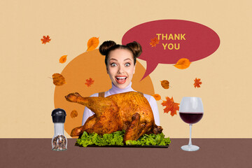 Composite photo collage of excited girl sit table dinner baked turkey bubble thank you wineglass...