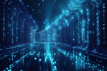A blue and white image of a tunnel with a lot of lights