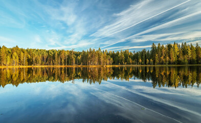 Lake in the autumn Karelian forest. Beautiful panoramic landscape with a pond and trees.