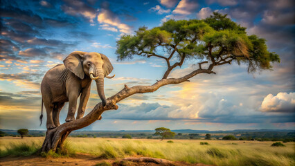 Fototapeta premium Lonely elephant sitting on a tree branch , lonely, elephant, tree, branch, wildlife, alone, solitude, nature, majestic, peaceful