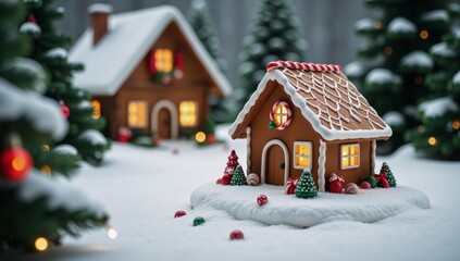 Naklejka premium Christmas-themed gingerbread Santa house amidst a frosted forest complete with candy canes stockings and twinkling lights on a bed of snow