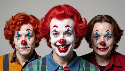 Three grimacing clown faces featuring one smiling character