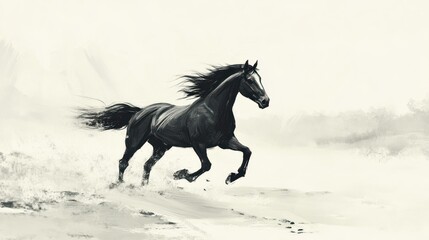 A black horse galloping through a light-colored landscape