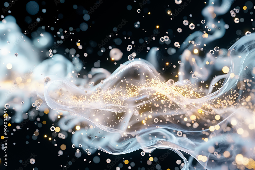 Poster a mesmerizing display of swirling smoke blends with sparkling particles, creating an enchanting back