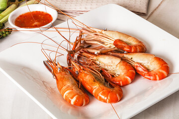 Boiled tiger prawn with sauce
