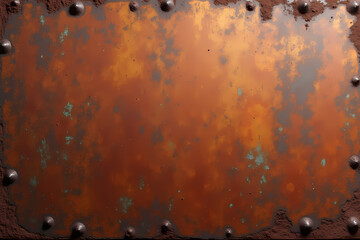 Rustic metallic texture with orange and brown hues and rivet details for an industrial look
