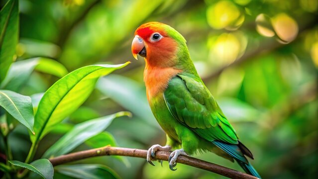 Vibrant green lovebird Nyasa perches on a delicate branch, showcasing its bright plumage and slender curved beak, surrounded by lush tropical foliage and soft natural light.