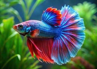Fototapeta premium Vibrant halfmoon double tail male betta fish showcases majestic fins, iridescent scales, and elaborate plumage in a serene aquatic environment with soft, filtered lighting.