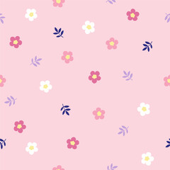 Hand drawn seamless pattern with stylized tiny flowers in pastel colors on pink background