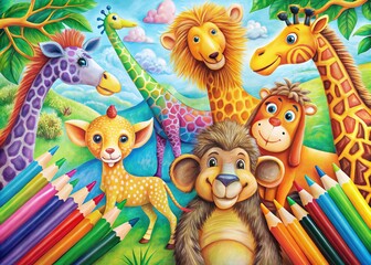 Fototapeta premium Vibrant illustrations of animals like giraffes, monkeys, and lions bring colorful pages to life, waiting for children's creativity to shine through with crayons and markers.
