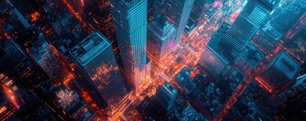 Birds-eye view of a vibrant city, merging art and science with innovative lighting, showcasing creative harmony