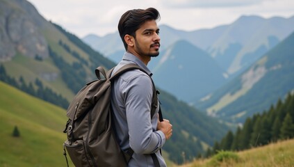 Naklejka premium Indian college student posed with travelbackpacking accessories for photography session