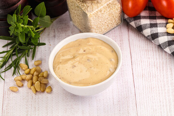 Delicious walnut creamy sauce in the bowl