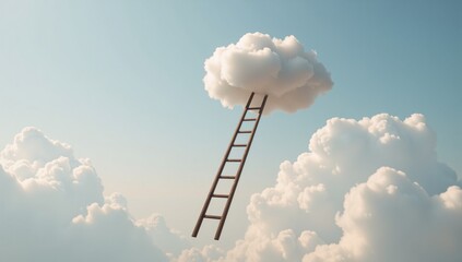 Digital art featuring a surreal ladder climbing up to a cloud-head signifying personal growth and mental health against a dreamy sky backdrop